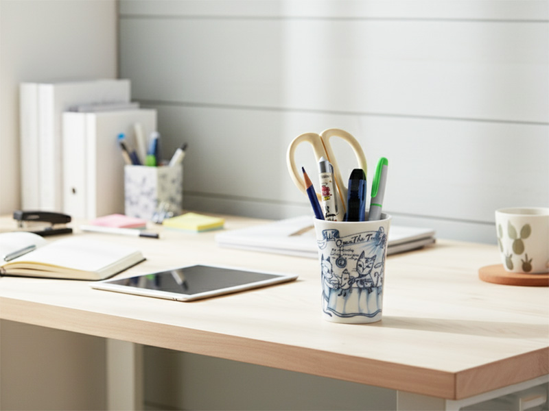 木製の机の上に置かれた白いタンブラー。タンブラーには色鉛筆やハサミ、ペンなどの文房具が入っており、ペン立てとして使用されている。周りにはタブレットやノート、ファイルが配置され、リモートワークや在宅勤務のデスク周りをおしゃれに整理している様子。