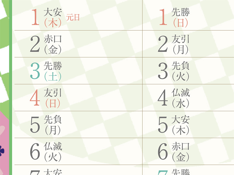 Shinzi Katohデザイン2026年カレンダーの1月と2月の月初め部分のクローズアップ画像。1月1日は『大安 元日』、2月1日は『先勝』と、六曜がはっきりと表示されている。日付の隣には、たっぷりの書き込みスペースがあることが確認できる。家族 予定管理 カレンダーとして、各日の予定が多い カレンダーでもしっかり管理できるよう設計されている。六曜付き カレンダーの視認性の高さが魅力。