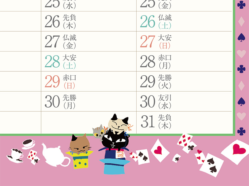 Shinzi Katohデザイン2026年カレンダーの下部イラスト部分のクローズアップ画像。トランプやティーカップ、ポットなどのアリスの世界観のアイテムと、様々なポーズの可愛い猫のキャラクターたちが描かれている。ピンクと緑を基調としたチェック柄や水玉模様がポップな雰囲気。Shinzi Katoh カレンダーのデザイン性の高さがよく分かり、リビング カレンダー おしゃれな空間を演出するかわいい 壁掛け カレンダーとして楽しめる。