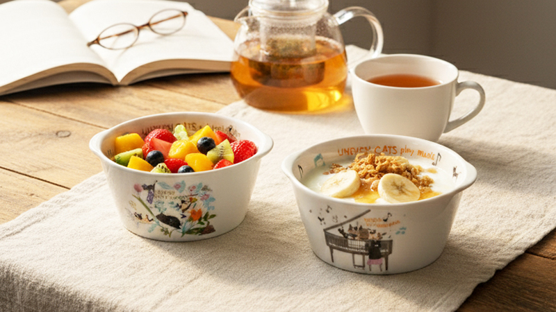 猫のイラストが描かれた2つのボウルにフルーツとグラノーラが入っており、奥には紅茶のポットと本が置かれた、温かい朝食の食卓風景。アニーブンキャッツの猫のイラスト入りカフェココット。フルーツやヨーグルトを盛り付けた可愛い食卓。モレラ岐阜 ゼルポティエ蚤の市で販売される人気食器。