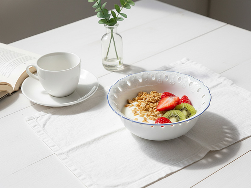 宮沢賢治 幻灯劇場のフリルボウルに、ヨーグルトとグラノーラを盛り付けた写真。青い縁取りがアクセントの「おうちカフェ 食器」。
