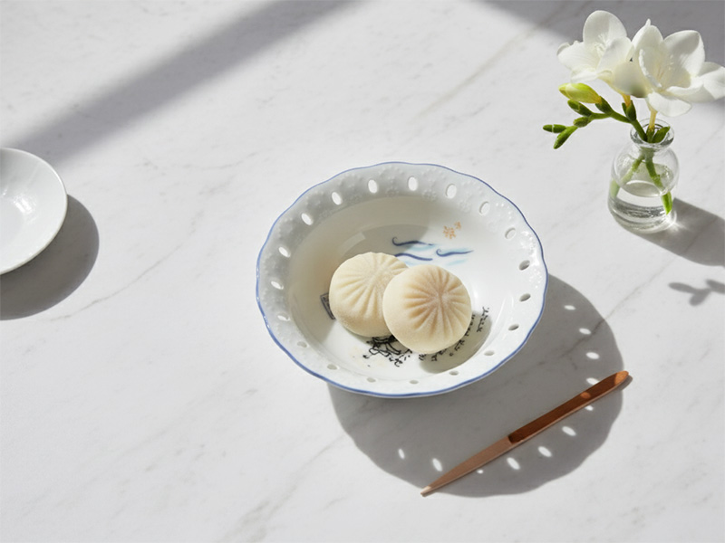 宮沢賢治デザインのフリルボウルに大福のような和菓子を盛り付けた写真。幻想的な世界観が漂う、上品なデザート皿。