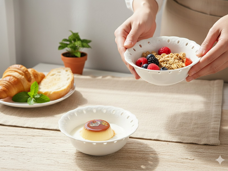 ソフトアフタヌーンのフリルボウルでシリアルを盛り付ける様子。手前にはプリンが置かれ、朝食からデザートまで使える万能な「ヨーグルト ボウル」。