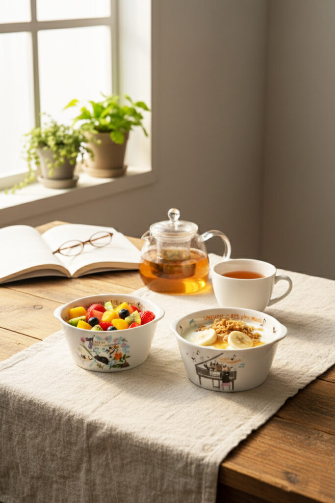【商品使用例】窓からの光が差し込むテーブルに置かれた、フルーツやシリアル入りのココット型ボウル。ティーポットと並び、優雅な朝食のひとときを演出している様子。
