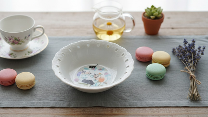 シンジカトウのアニーブンキャッツフリルボウルとマカロン、ハーブティーが並ぶテーブルコーディネート。「おうちカフェ 食器」で楽しむ、猫とスイーツの癒やし時間。