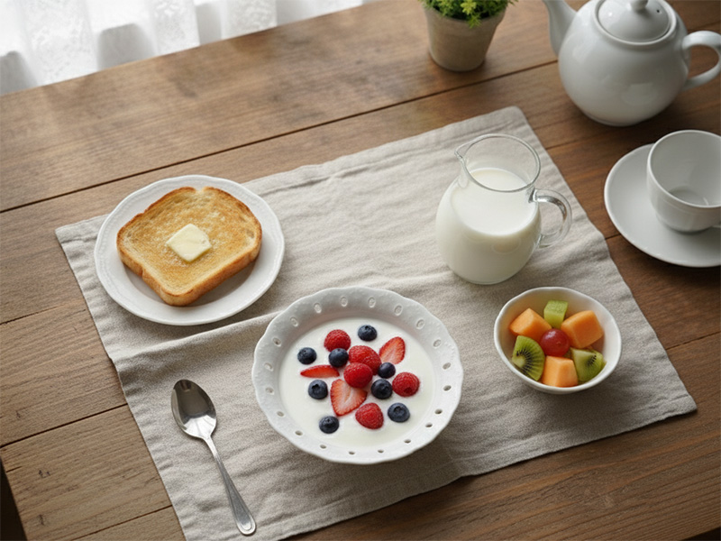 アニーブンキャッツのフリルボウルにヨーグルトとベリーを盛り付けた朝食の様子。トーストとミルクが並ぶ「シリアルボウル おしゃれ」な食卓。