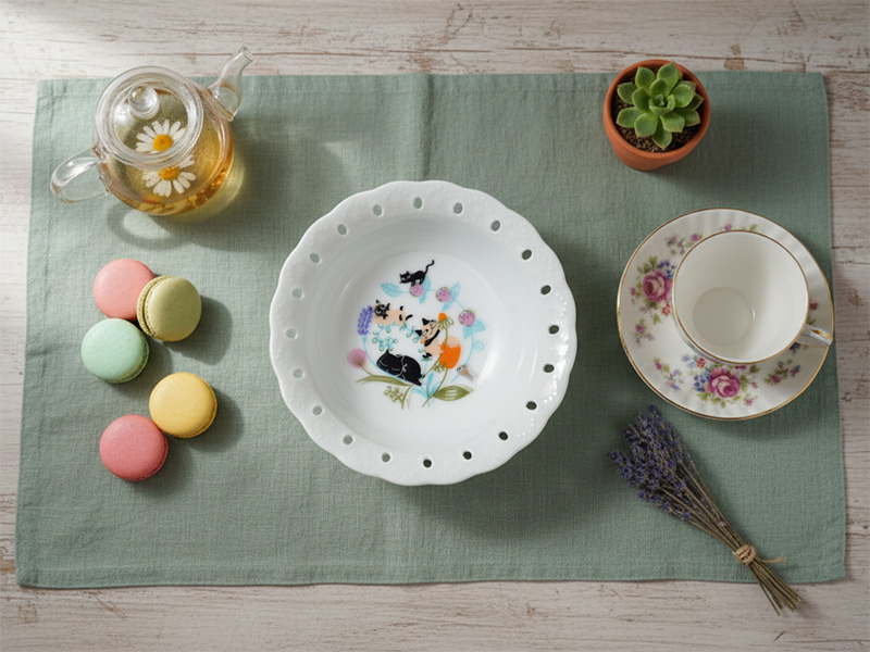 アニーブンキャッツのフリルボウルを中心に、マカロンやハーブティーが並ぶ「おうちカフェ 食器」のテーブルコーディネート。